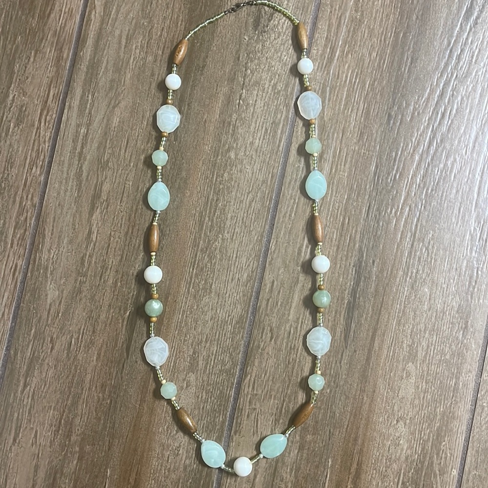 Long Cream, Brown, and Light Green Beaded Necklace